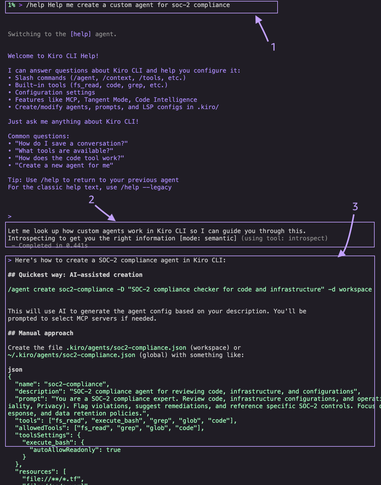 terminal screenshot showing the output of running the help create a custom agent command: a json config file