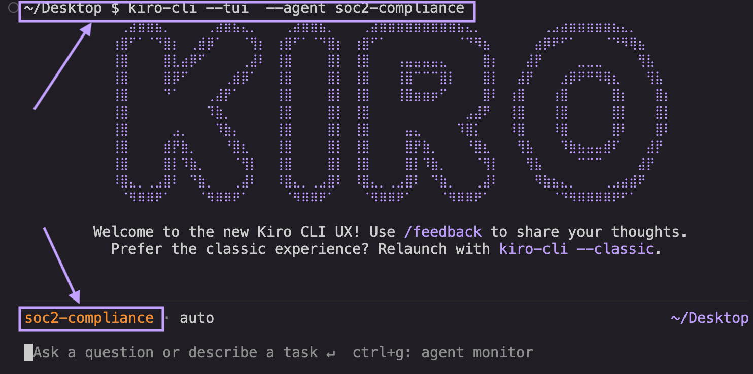 default state of Kiro CLI with soc2-compliance agent selected