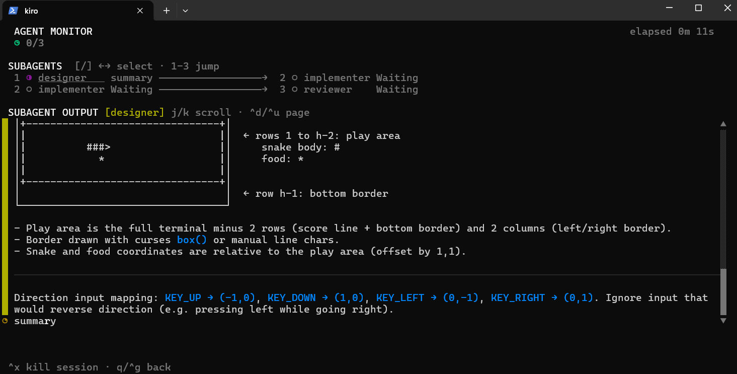Subagent output. - Play area is the full terminal minus 2 rows (score line + bottom border) and 2 columns (left/right border). - Border drawn with curses box or manual line chars. - Snake and food coordinates are relative to the play area (offset by 1,1). - Direction input mapping: KEY_UP → (-1,0), KEY_DOWN → (1,0), KEY_LEFT → (0, -1), KEY_RIGHT → (0,1). Ignore input that
would reverse direction (e.g. pressing left while going right).