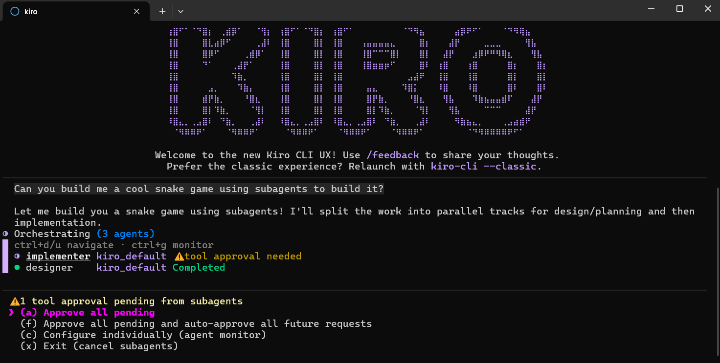 Can you build me a cool snake game using subagents to build it? - Let me build you a snake game using subagents! I'll split the work into parallel tracks for design/planning and then implementation. 1 tool approval pending from subagents