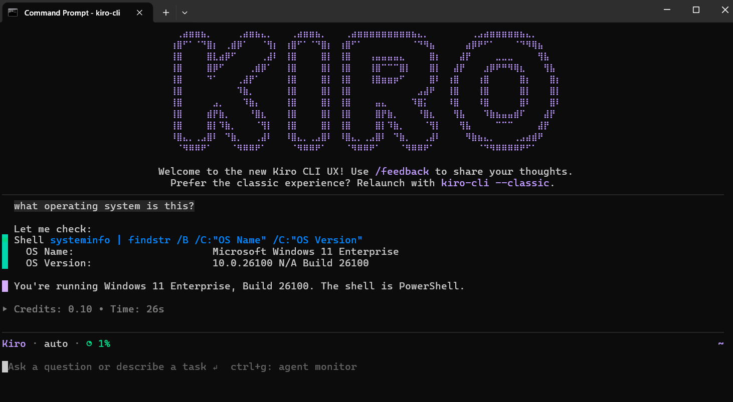 Kiro CLI running on Microsoft Windows 11 Enterprise under PowerShell answering the question, what opearting system is this?