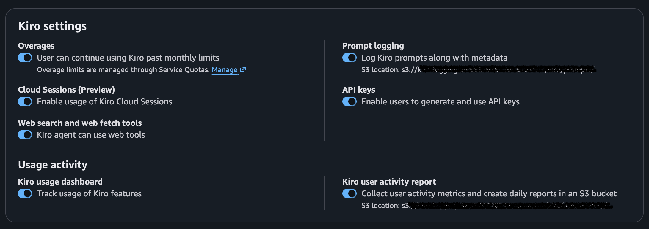 AWS console Kiro settings with the cloud sessions (Preview) toggle enabled alongside other Kiro admin options.
