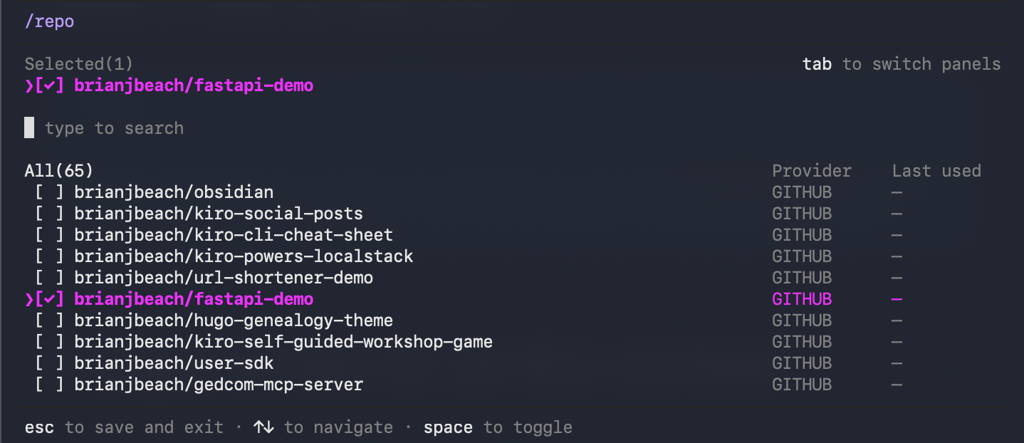 Kiro CLI repository picker listing GitHub repos with brianjbeach/fastapi-demo selected for cloning.