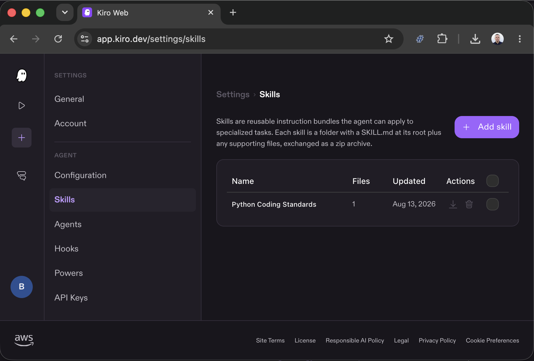 Kiro web Skills settings page listing a Python Coding Standards skill with an Add skill button.
