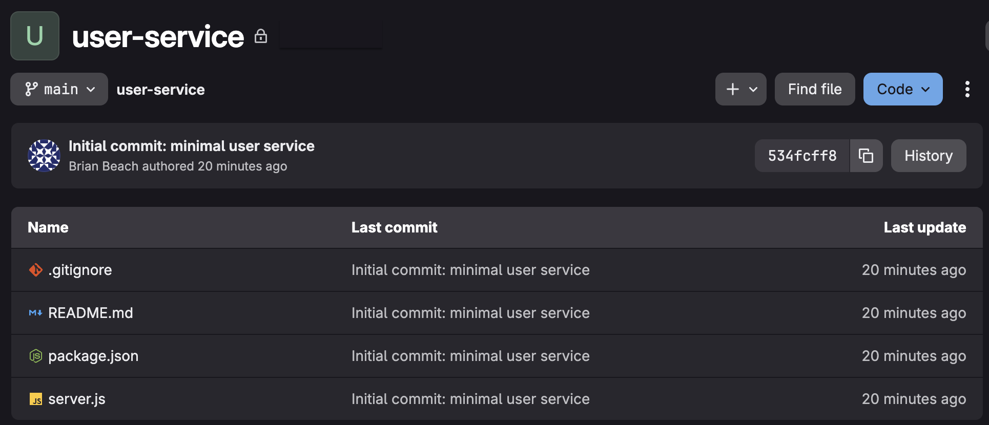 The user-service repository on GitLab, on the main branch, containing four files: .gitignore, README.md, package.json, and server.js — all from the initial commit by Brian Beach.