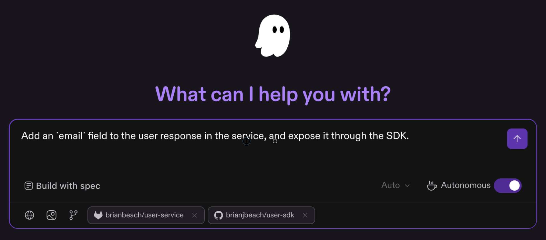 The Kiro Web interface with the prompt Add an email field to the user response in the service, and expose it through the SDK. Both repositories are attached to the session: brianbeach/user-service from GitLab and brianjbeach/user-sdk from GitHub. Autonomous mode is enabled.