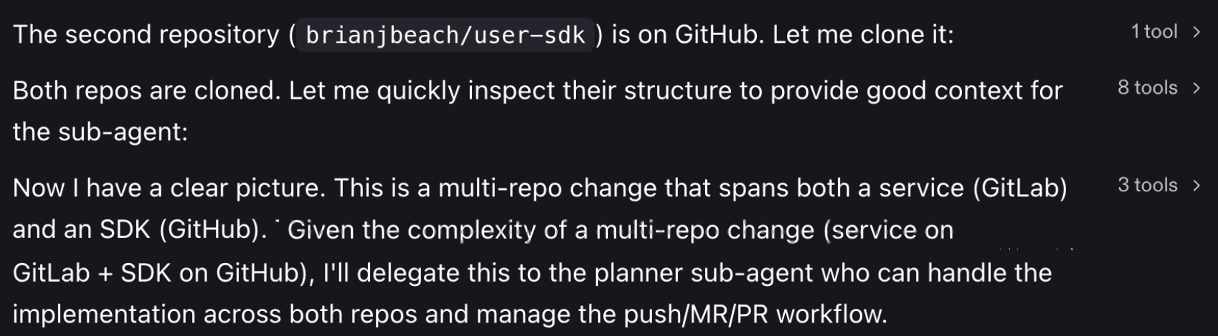 Kiro's reasoning log showing it identified the task as a multi-repo change spanning GitLab and GitHub, cloned both repositories, inspected their structure, and delegated implementation to a planner sub-agent to handle both the code changes and the MR/PR workflow.
