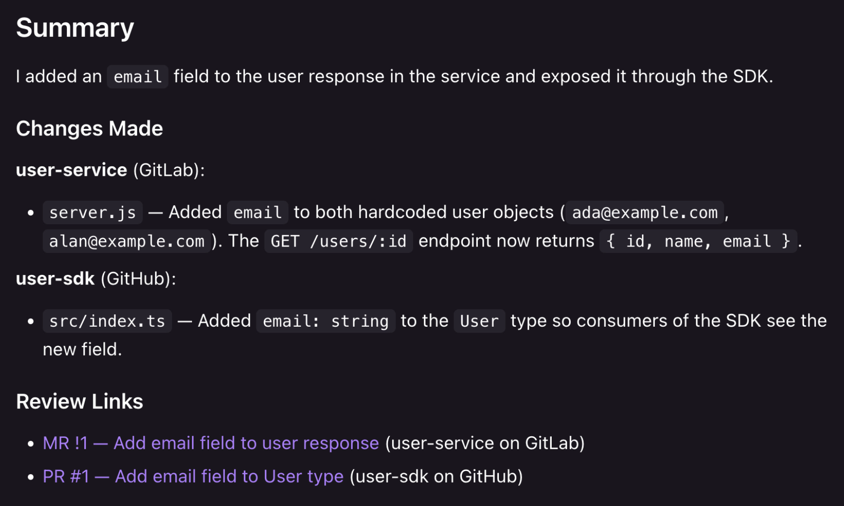 Kiro's session summary after completing the cross-repository change: email was added to server.js in the GitLab user-service and to src/index.ts in the GitHub user-sdk, with links to the resulting GitLab MR and GitHub PR.