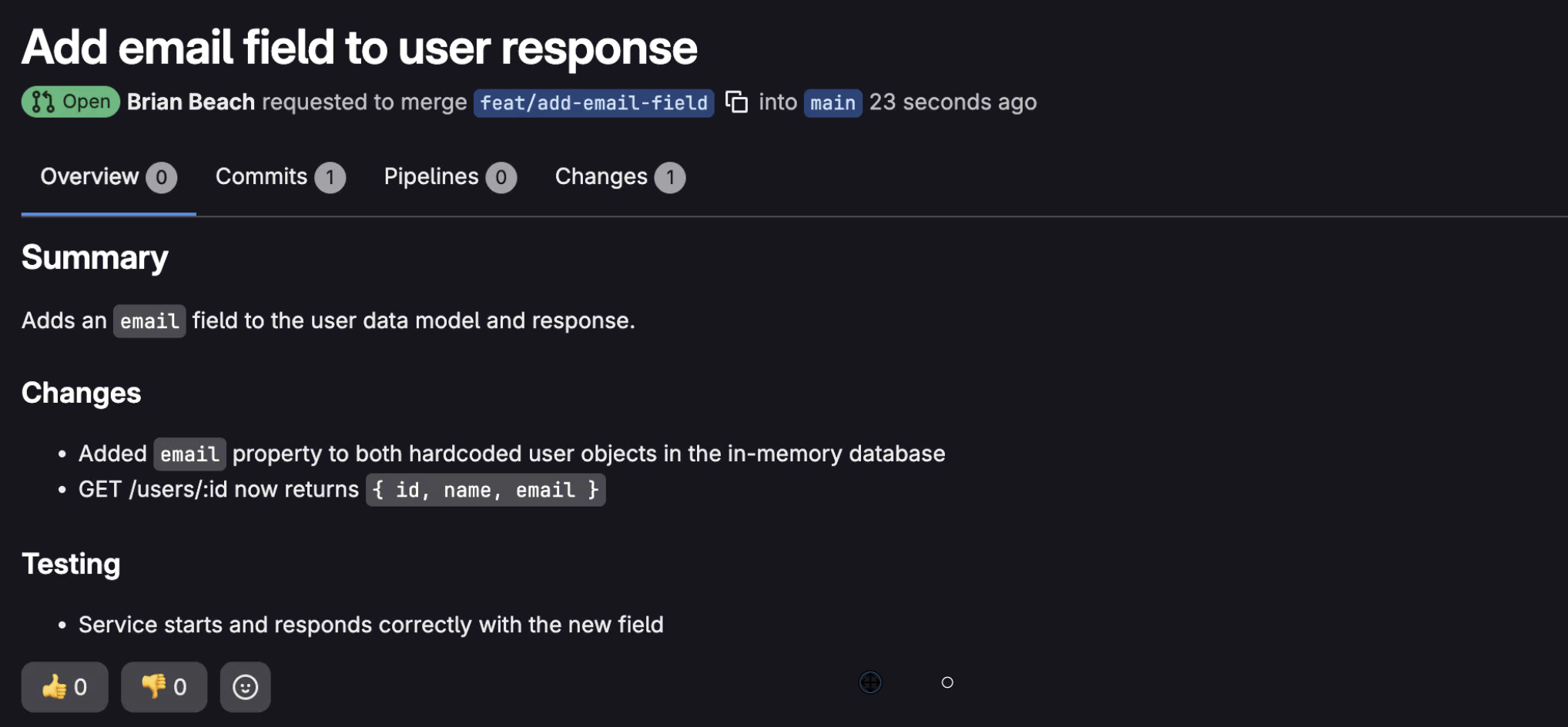 GitLab merge request titled Add email field to user response, opened by Brian Beach to merge feat/add-email-field into main. The summary describes adding an email field to the user data model, with the GET /users/:id endpoint now returning id, name, and email.
