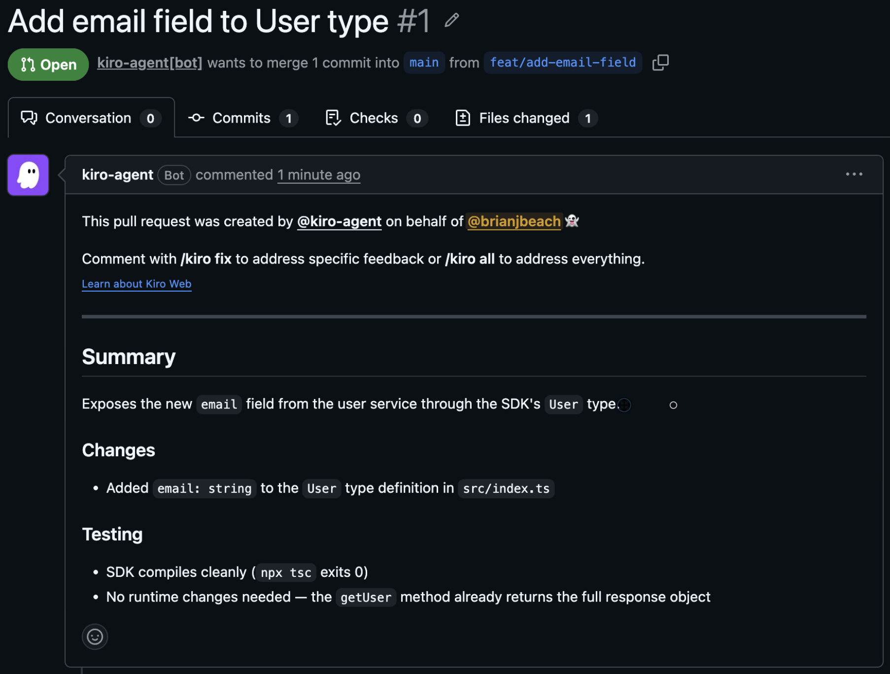 GitHub pull request #1 titled Add email field to User type, opened by kiro-agent bot on behalf of brianjbeach. It merges the feat/add-email-field branch into main, with a summary noting that email: string was added to the User type in src/index.ts and the SDK compiles cleanly.