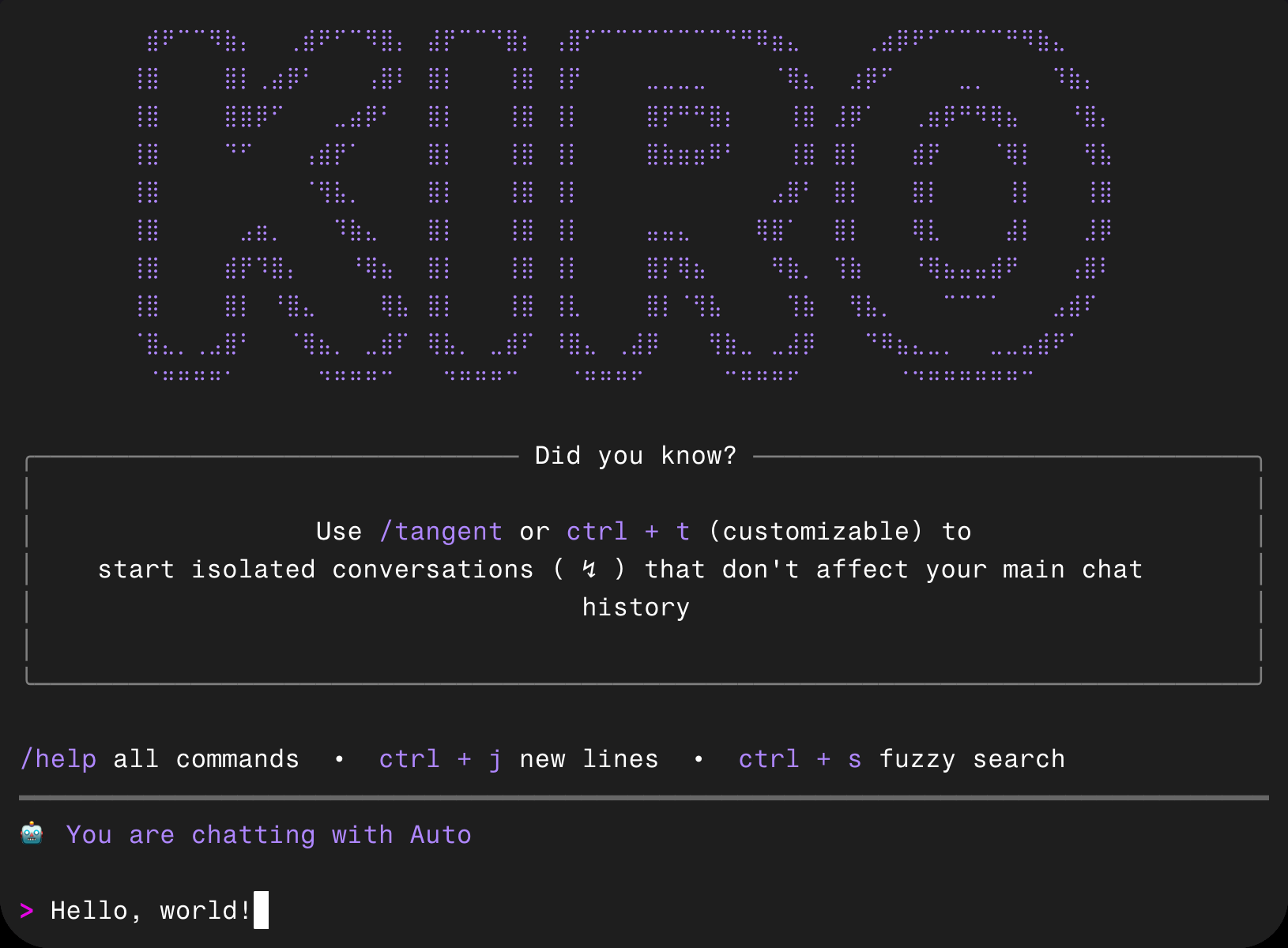 Real terminal screenshot of Kiro CLI's startup splash screen, showing the KIRO ASCII-art logo and a chat session with the Auto model
