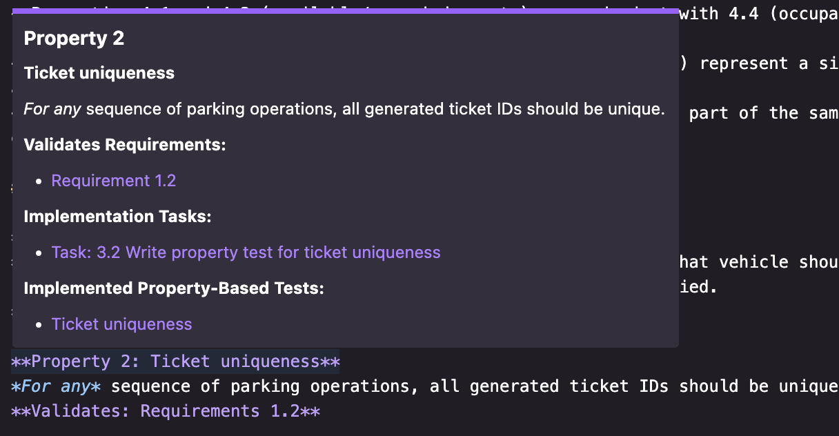 Real screenshot from Kiro's general-availability announcement showing a property-based test card: 'Property 2 -- Ticket uniqueness' with linked requirements and implementation tasks