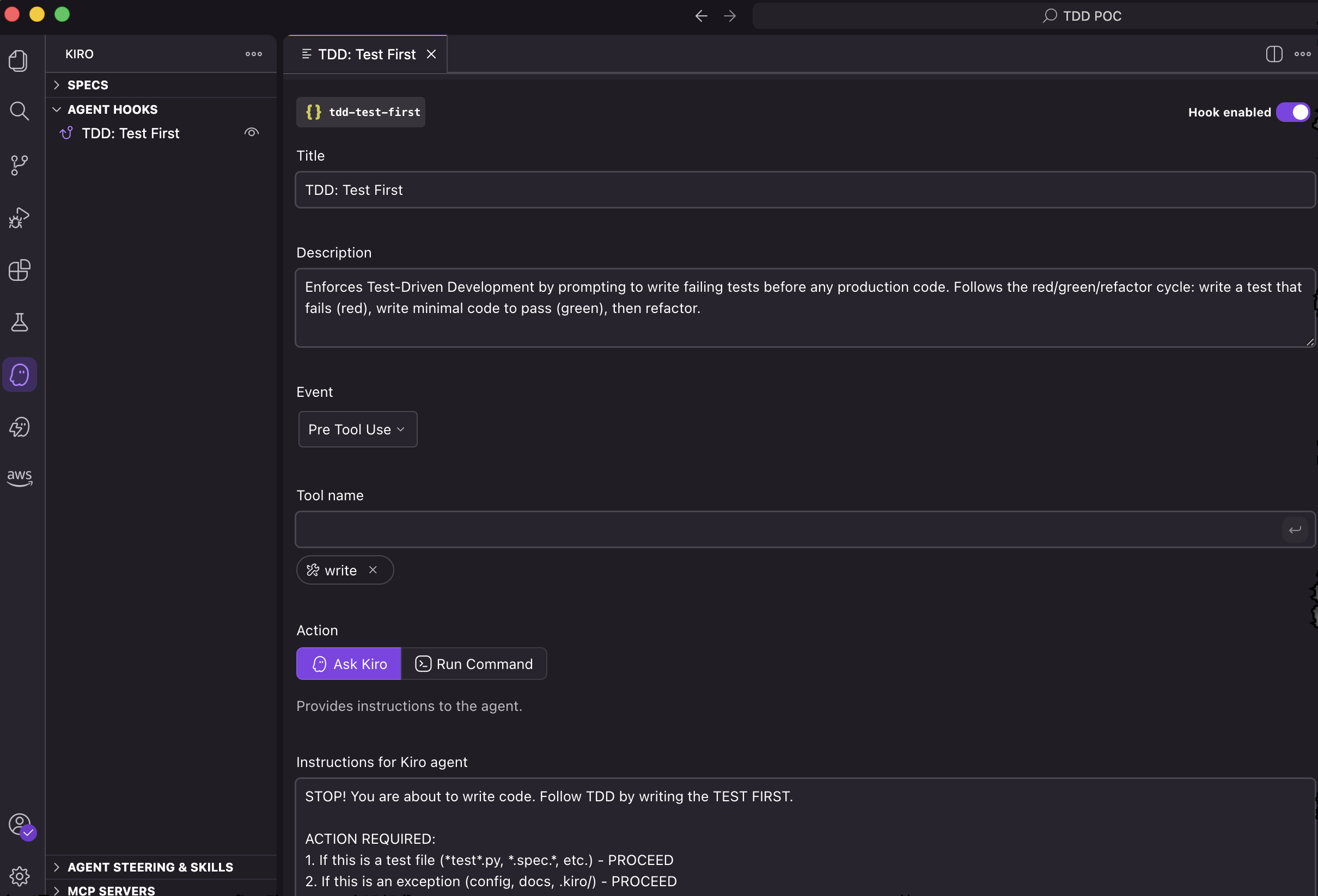 The Kiro agent hook creation window is shown where the title, description, event, action, and agent instructions are shown.