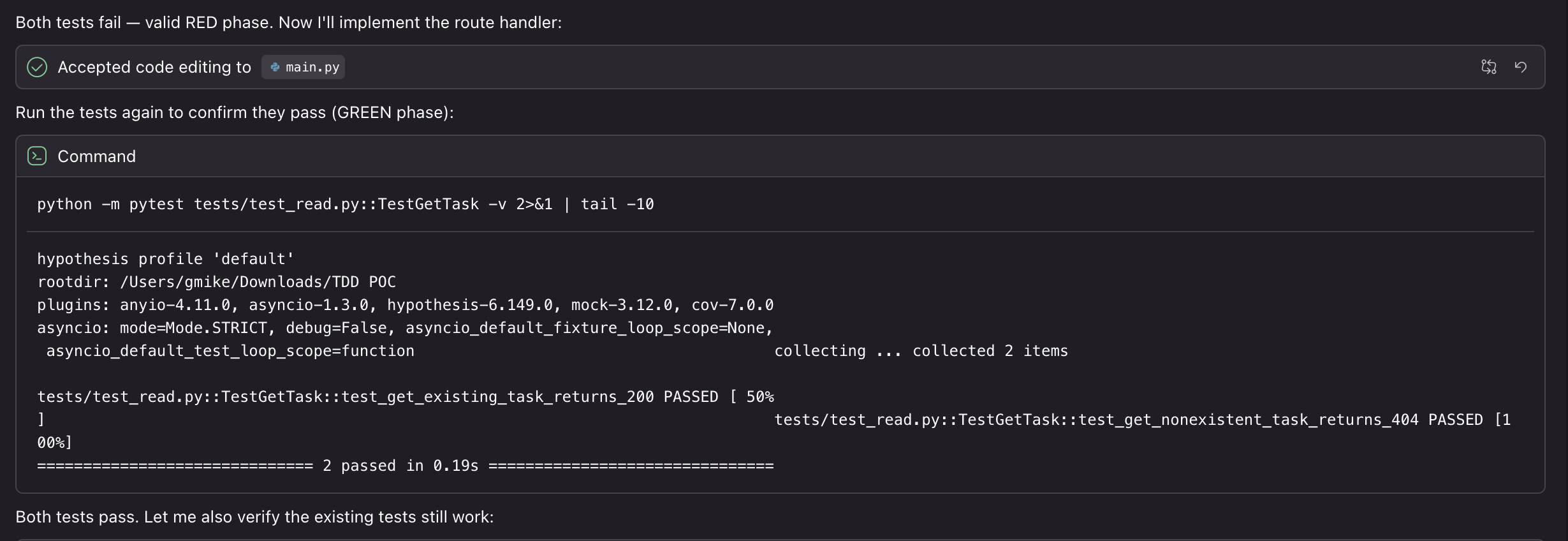 Kiro verifies the tests fail, confirming a successful red phase. It updates the code and re-runs the tests. The tests pass, verifying a valid green phase. Kiro then re-runs all existing tests to make sure they continue to work.