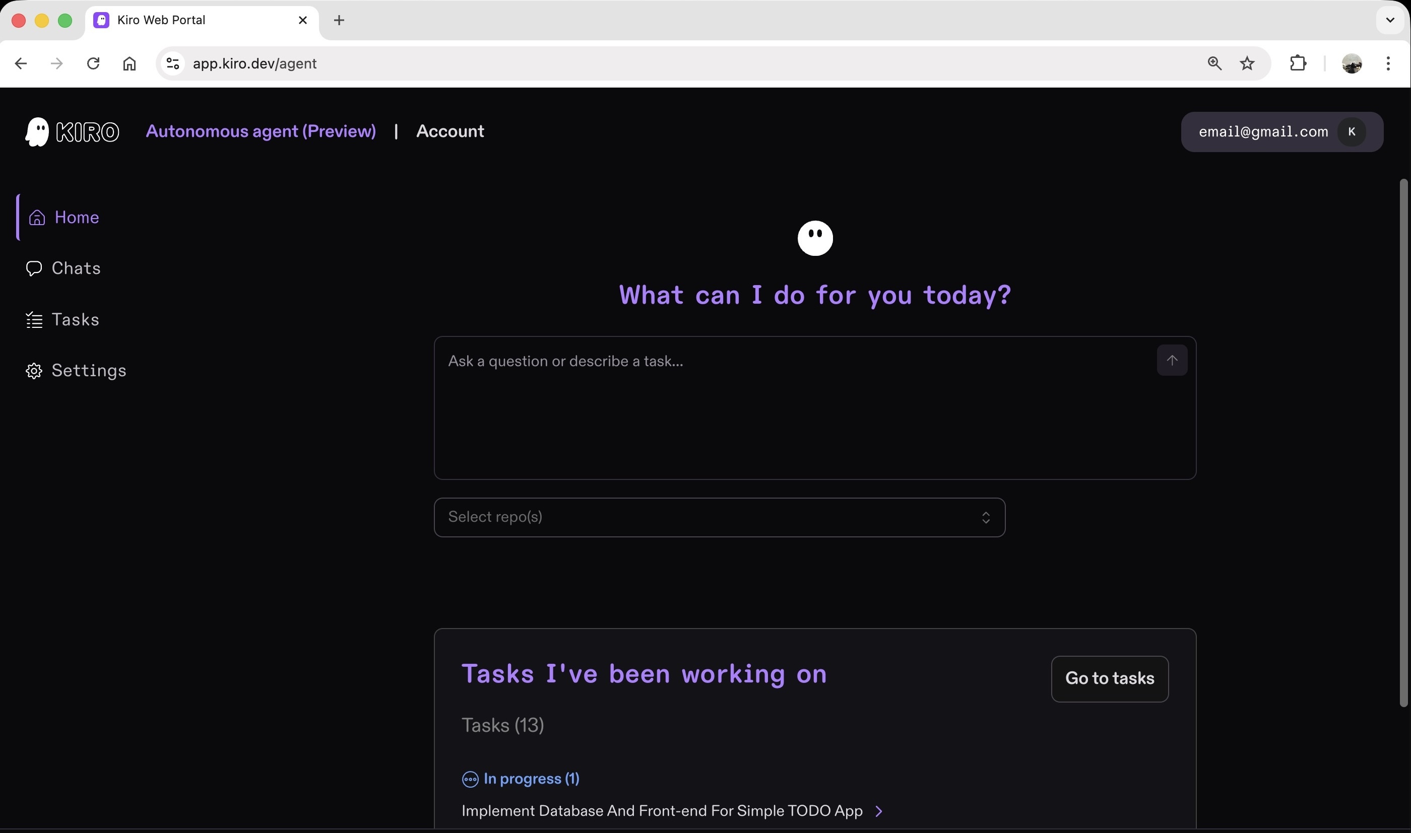 What can I do for you today? and text box, select repo input