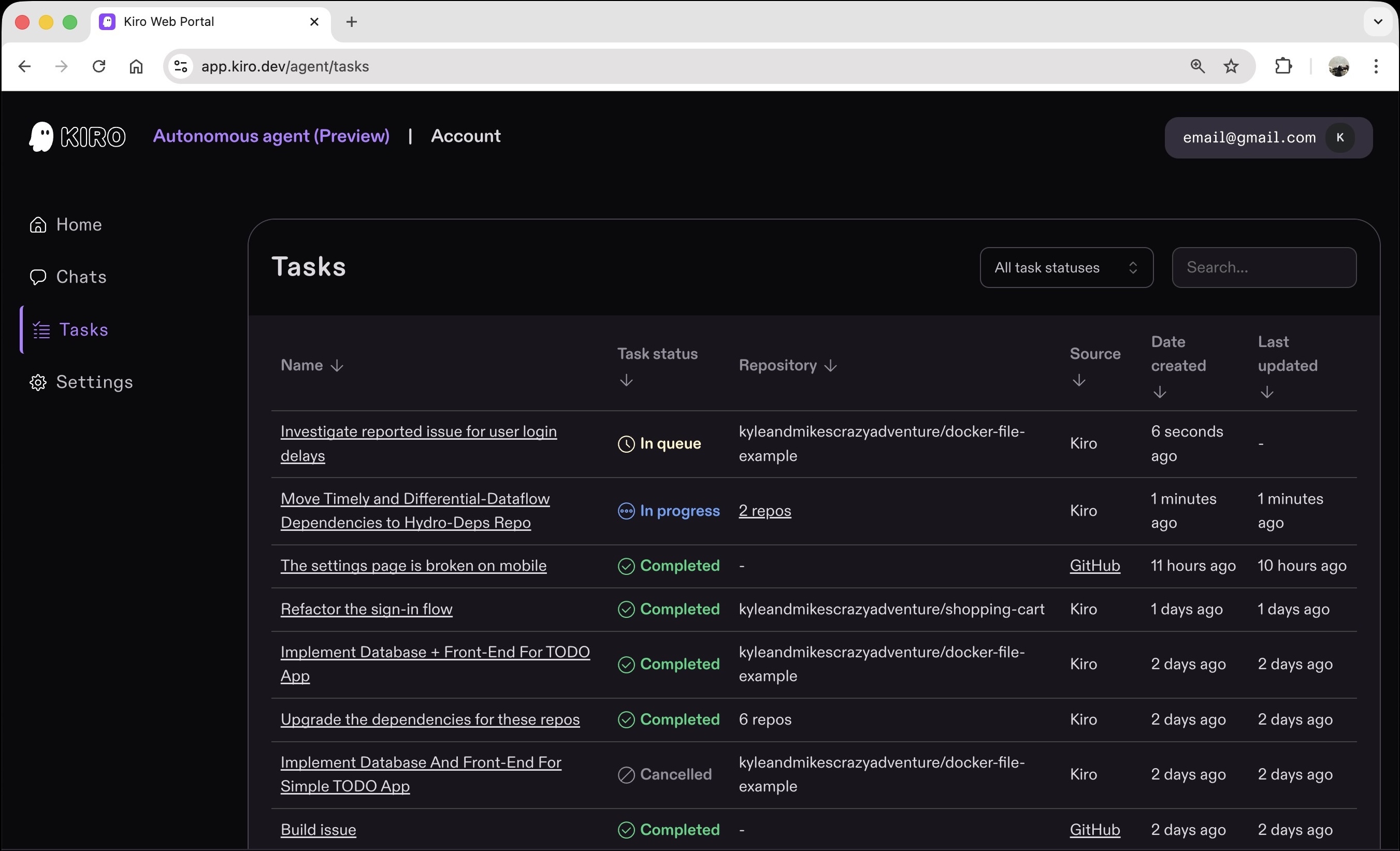Tasks
Name
Investigate reported issue for user login delays
Move Timely and Differential-Dataflow
Dependencies to Hydro-Deps Repo
The settings page is broken on mobile
Refactor the sign-in flow
Implement Database + Front-End For TODO
App
Upgrade the dependencies for these repos
Implement Database And Front-End For Simple TODO App
Build issue
Task status
• In queue
∞ In progress
• Completed
• Completed
• Completed
• Completed
• Cancelled
• Completed
Source
Date created
Last updated