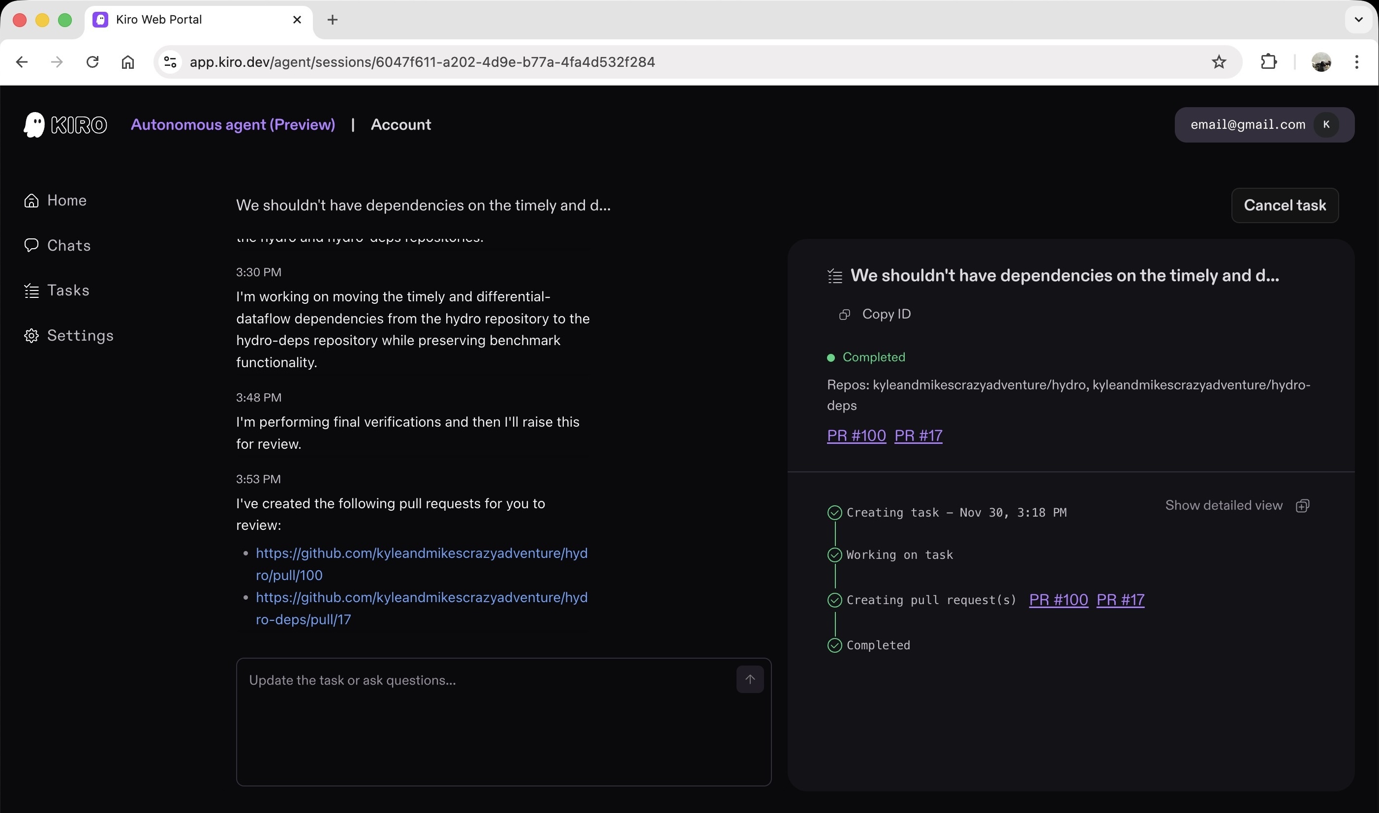 We shouldn't have dependencies on the timely and d...
3:30 PM
I'm working on moving the timely and differential-dataflow dependencies from the hydro repository to the hydro-deps repository while preserving benchmark functionality.
3:48 PM
I'm performing final verifications and then I'll raise this for review.
3:53 PM
review:
I've created the following pull requests for you to
• https://github.com/kyleandmikescrazyadventure/hyd
ro/pull/100
• https://github.com/kyleandmikescrazyadventure/hyd
ro-deps/pull/17