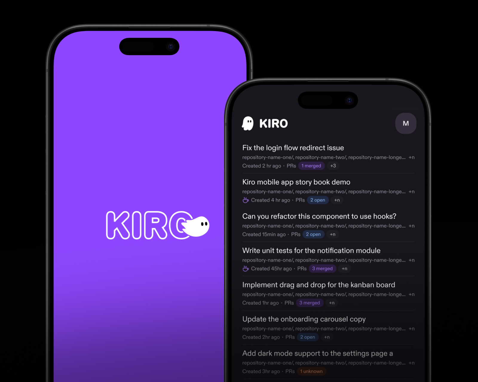 Two smartphone mockups side by side. The left phone displays the Kiro logo—a ghost-shaped character icon—centered on a vibrant purple gradient background. The right phone shows the Kiro mobile app's dark-themed issue tracking dashboard with 7 open issues.