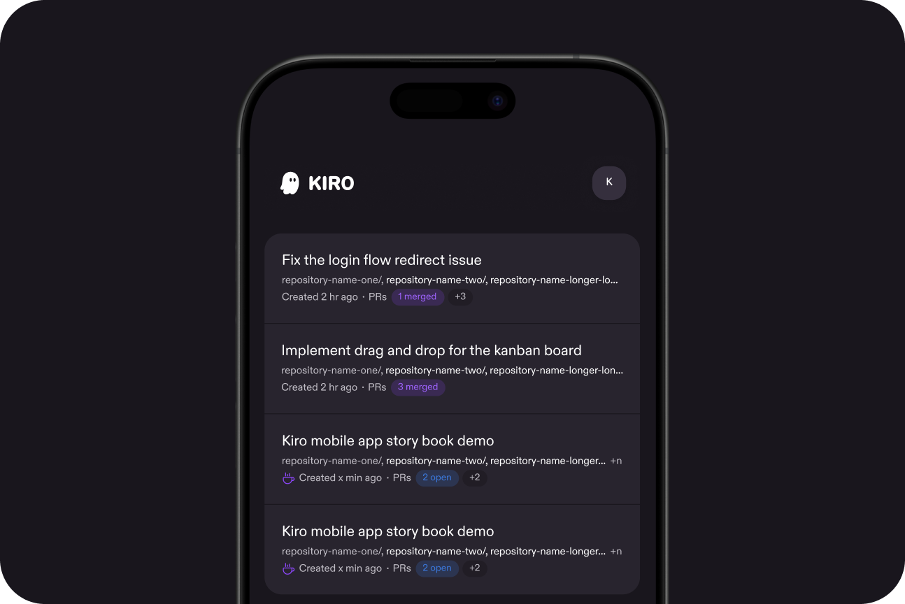 Kiro mobile app home feed showing 4 task cards. Fix the login flow redirect issue — created 2 hr ago, 1 PR merged, +3. Implement drag and drop for the kanban board — created 2 hr ago, 3 PRs merged. Kiro mobile app story book demo. Each task spans multiple repositories.