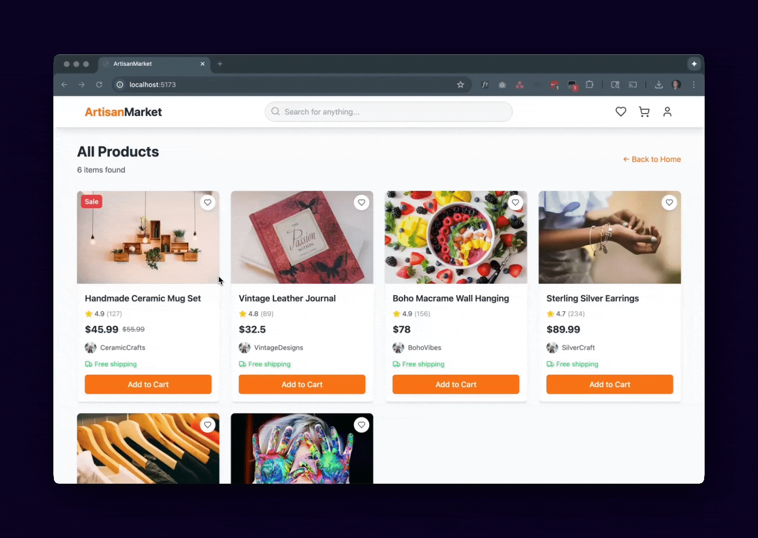 ArtisanMarket with a grid of products for sale and an individual product page