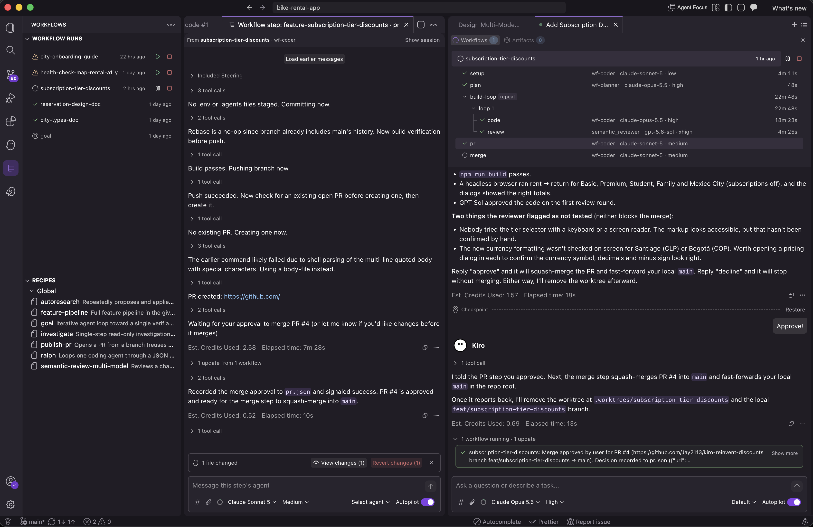Kiro IDE avec, à gauche, le panneau Workflows qui liste les exécutions de workflows et les recettes enregistrées, au centre, une session d'étape de workflow pour l'étape pr et, à droite, la conversation principale affichant l'arborescence des étapes de subscription-tier-discounts avec l'agent, le modèle, l'effort et la durée de chaque étape.