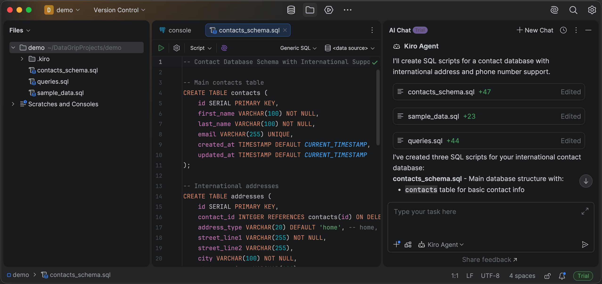 DataGrip interface showing query for contacts_schema.sql and Kiro Agent saying it has created three SQL scripts for an international contact database.