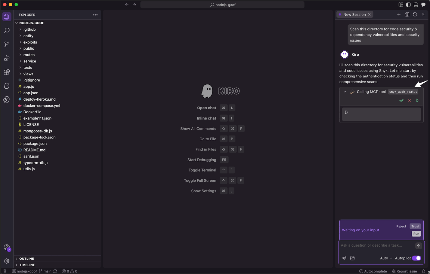 Kiro main window with code editor and Kiro chat agent with prompt to Scan the directory