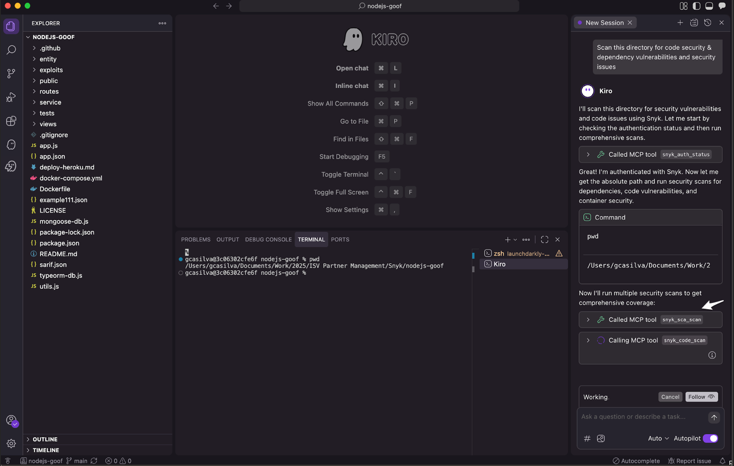 Kiro agent chat window communicating with Snyk through MCP