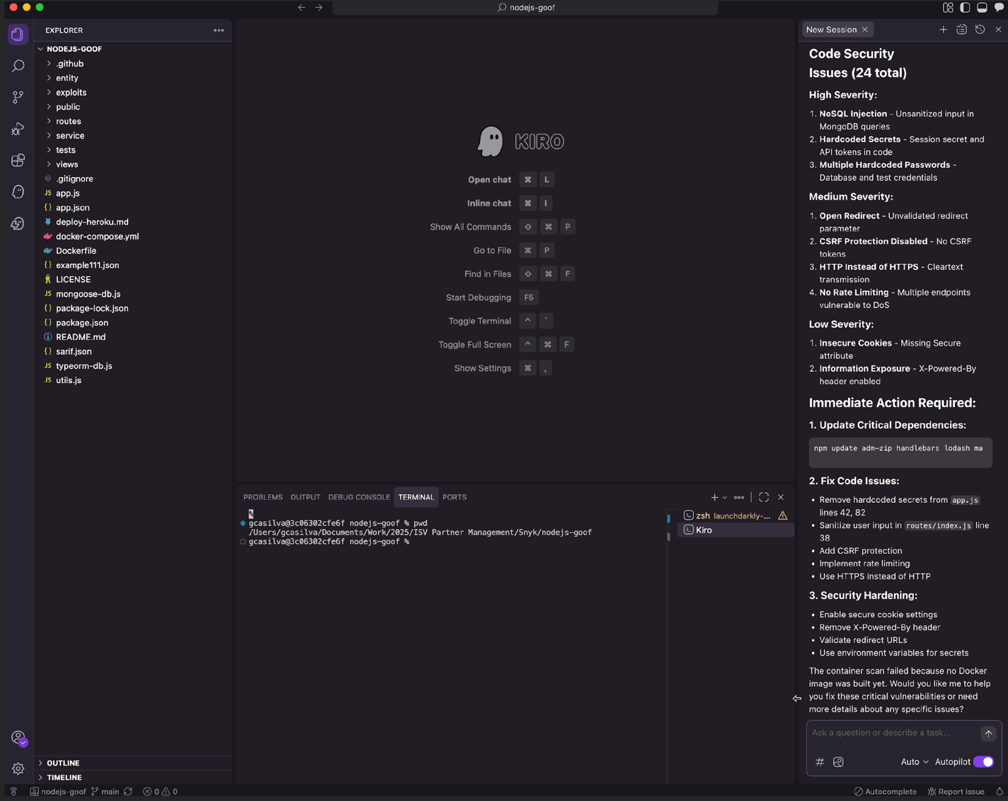 Kiro agent chat window showing output of scanning run by Snyk and remediation suggestions