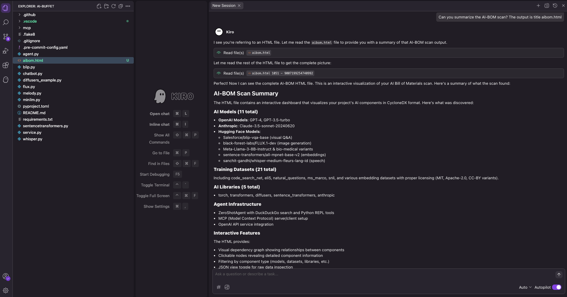 Example of Kiro chat agent summarizing the Snyk AI-BOM output