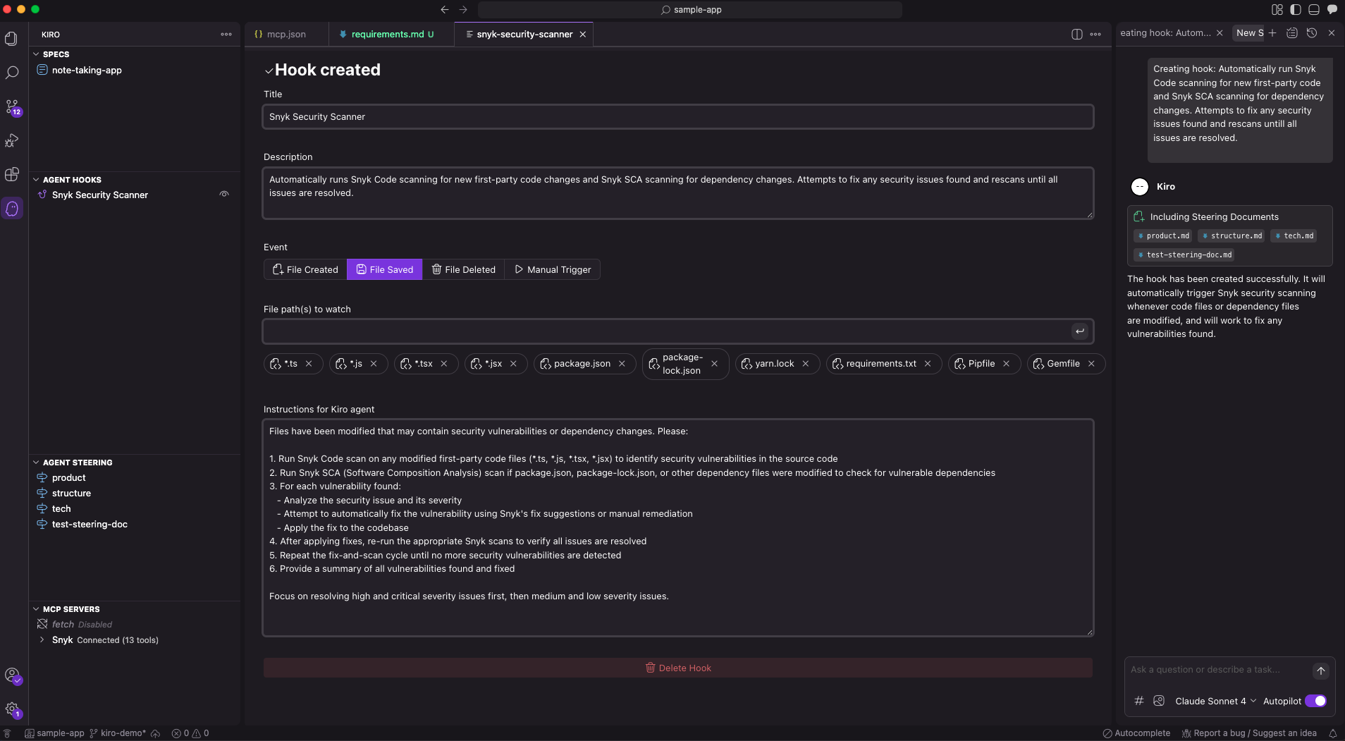 Kiro hook on “File Saved” showing how Snyk can be triggered through MCP to scan for vulnerabilities on every file save action on Kiro IDE.