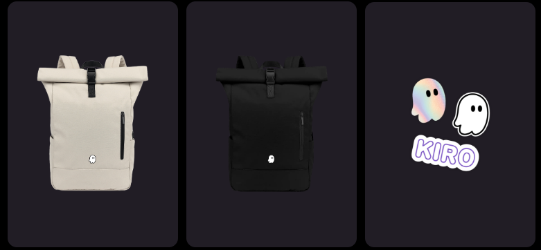 A 3-panel horizontal product display on a dark background showing 2 KIRO backpack colorways and brand mascot. Left panel: a cream/beige roll-top backpack with tan handle loops, a side pocket, and a small circular logo badge. Center panel: the same roll-top backpack design in black with identical structural features. Right panel: the KIRO brand mascot — two ghost-like figures (one multicolored pastel, one white outline) with KIRO in stylized text beneath.