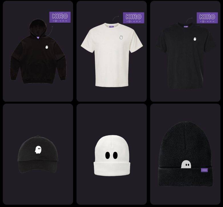 A 2x3 product grid showcasing 6 KIRO branded apparel items on a dark background. Top row: a black pullover hoodie with a small white ghost logo on the chest, a cream crew-neck t-shirt with the same ghost logo, and a black long-sleeve shirt with the ghost logo. Bottom row: a black baseball cap with the white ghost logo on the front, a white beanie with two large black circular eyes forming a face, and a black knit beanie with the white ghost logo. Purple KIRO brand labels appear above 3 of the product cards.