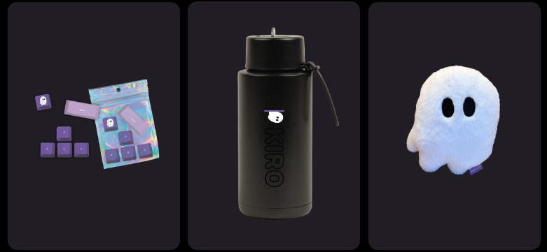 A 3-panel horizontal product display on a dark background showing KIRO branded gear. Left panel: purple gaming cards, small purple tiles, and a rectangular game board with a pastel rainbow gradient pattern. Center panel: a black cylindrical thermal container with a white paw-print logo and rope cord attachment at the top. Right panel: a white ghost-shaped plush collectible figure with two oval black eyes and a rounded, friendly form.