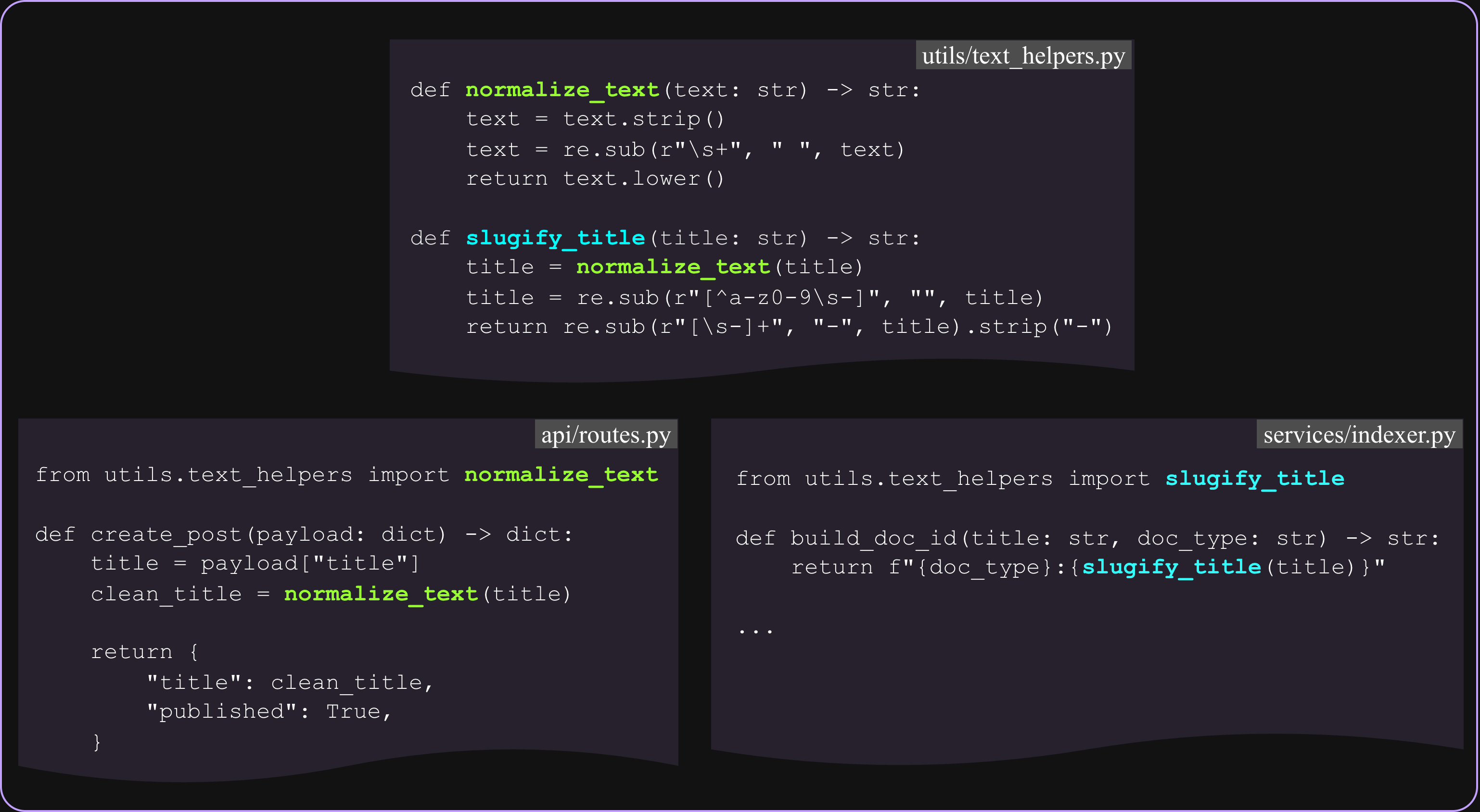 normalize_text highlighted in snake_case across code snippets