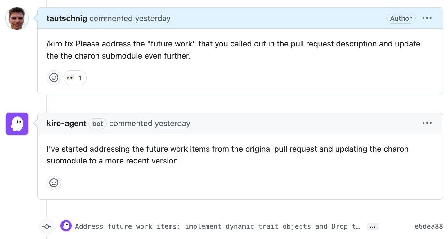 Conversation de pull request GitHub dans laquelle le responsable tautschnig commente /kiro fix, demandant à Kiro de traiter le travail futur mentionné dans la description de la pull request et de mettre à jour davantage le sous-module charon; le robot kiro-agent répond qu’il a commencé à traiter les éléments de travail futur et à mettre à jour le sous-module, suivi d’un nouveau commit intitulé Address future work items