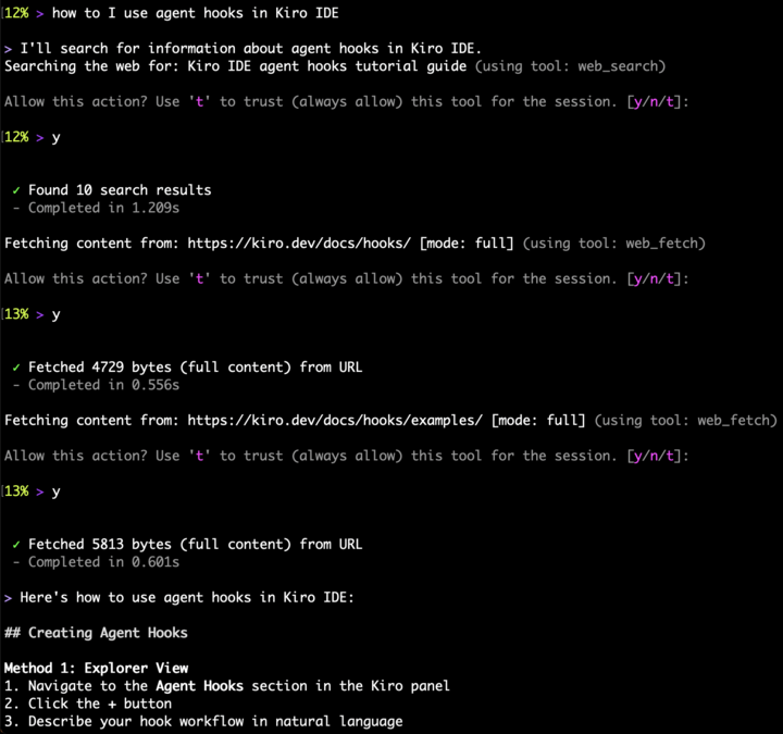 Kiro CLI terminal session showing a user asking 'how do I use agent hooks in Kiro IDE'. The agent performs a web search (10 results found), fetches content from two kiro.dev documentation URLs, and begins generating a response with a 'Creating Agent Hooks' heading and numbered steps.