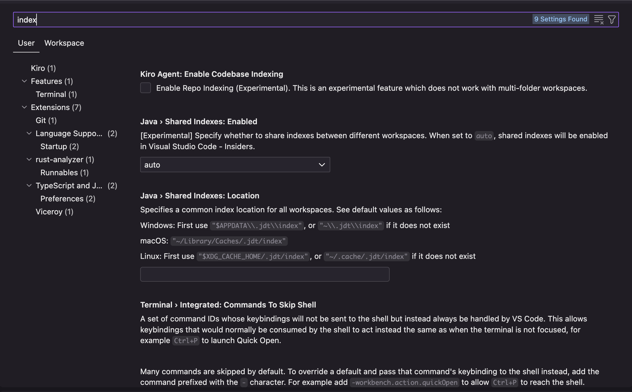 Kiro Agent: Enable Codebase Indexing. Enable Repo Indexing (Experimental). This is an experimental feature which does not work with multi-folder workspaces.