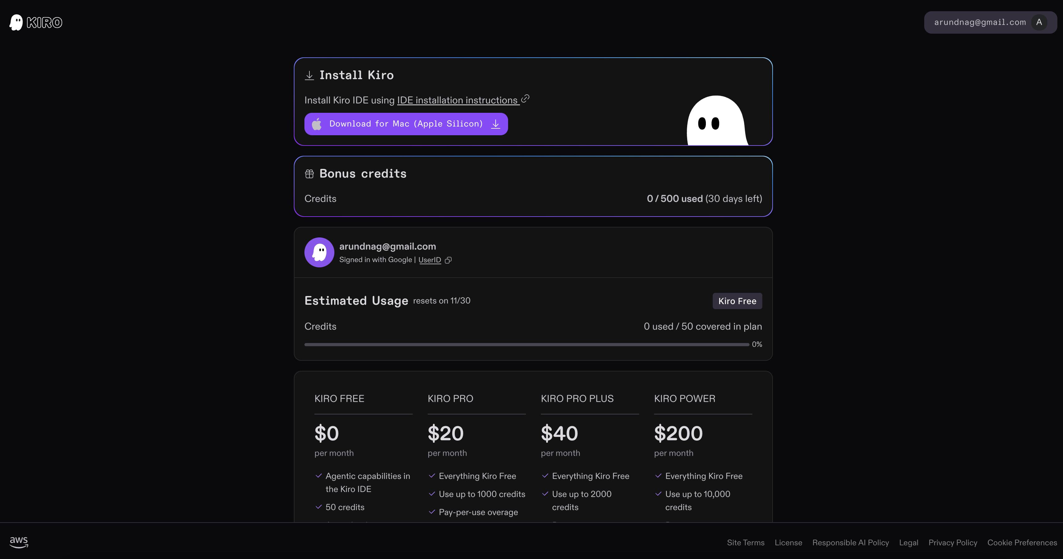 image of web interface for Kiro with billing info and credits