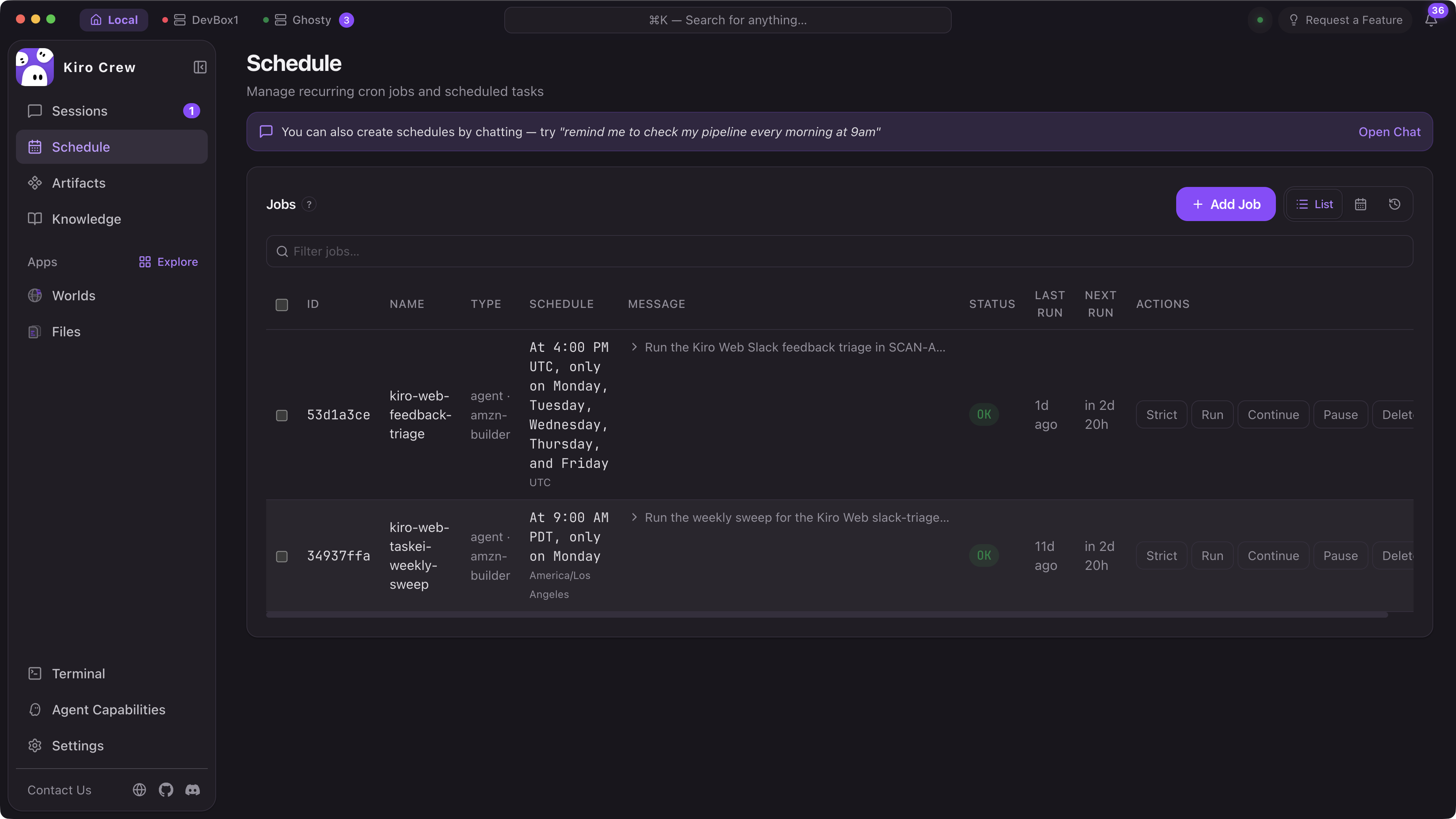 Kiro Crew Schedule page listing two cron jobs with their timezone-aware schedules, status, last and next run times, and run, continue, pause, and delete actions
