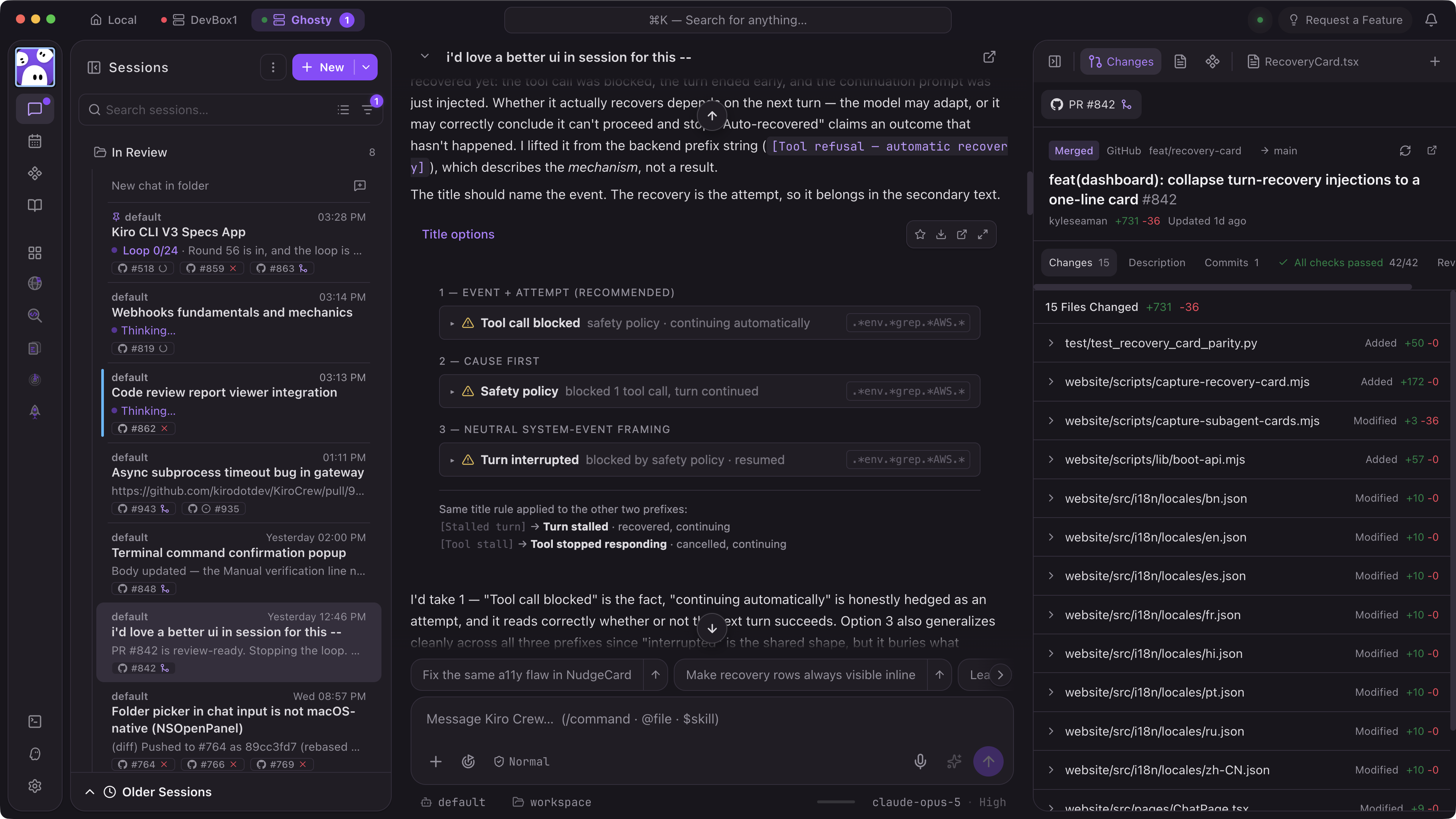 Kiro Crew session view: a sessions list on the left, an agent thread weighing title options in the middle, and a merged pull request on the right with 15 changed files and all checks passed