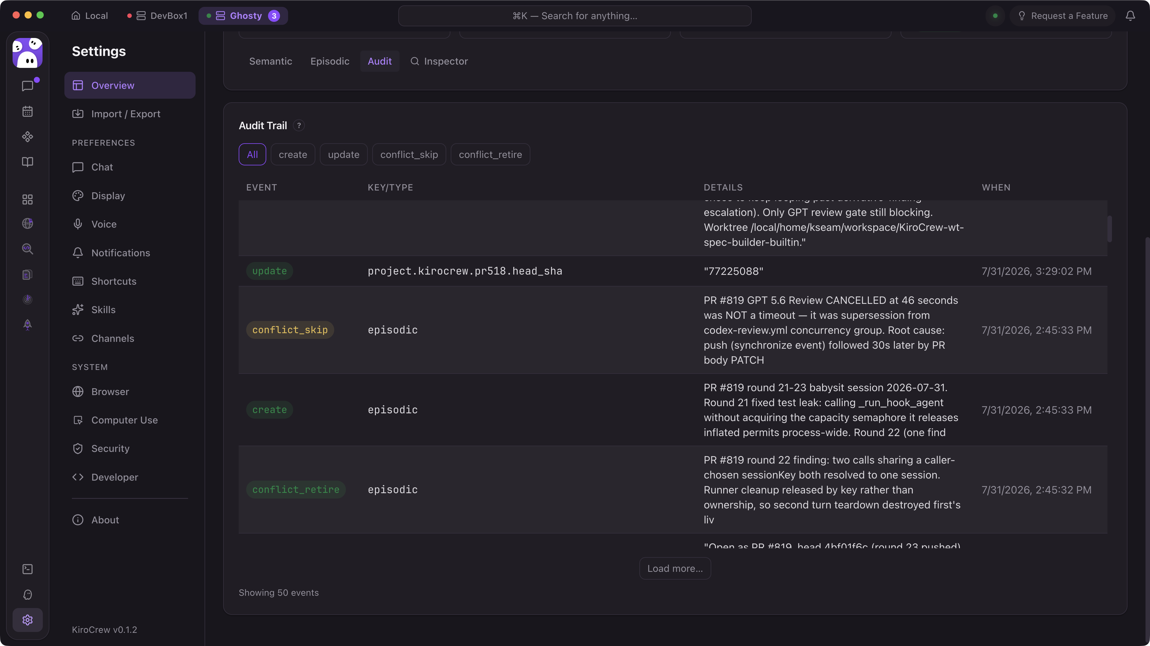 Kiro Crew memory settings on the Audit tab, listing create, update, conflict skip, and conflict retire events with the memory key, details, and timestamp for each