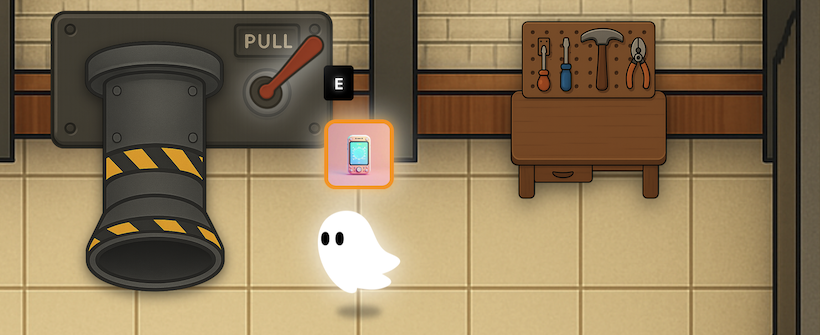 Kiro ghost character in a video game tutorial with tools and a pull switch.