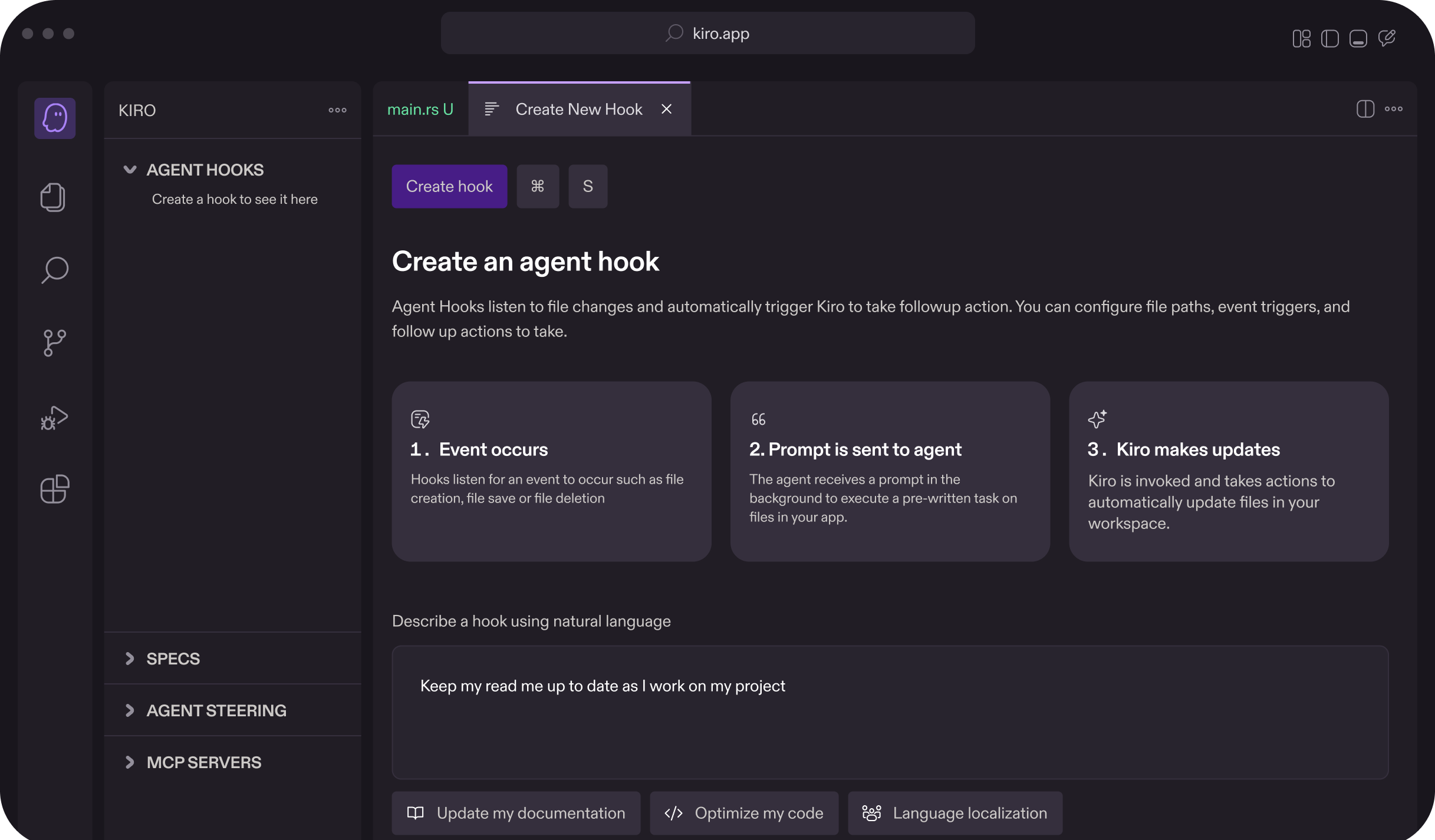 Kiro IDE showing agent hooks interface