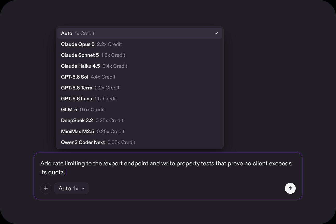 Real screenshot of Kiro's model picker dropdown showing per-model credit multipliers, from Auto at 1x credit up to GPT-5.6 Sol at 4.4x credit and down to Qwen3 Coder Next at 0.05x credit