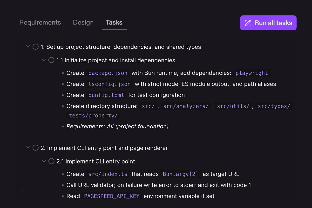 Real screenshot of the Kiro spec interface showing Requirements, Design, and Tasks tabs with a numbered, checkable task list and a Run all tasks button