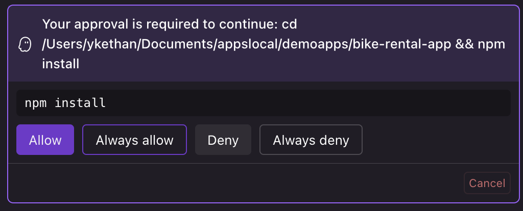 Kiro command approval dialog showing options to Allow, Always allow, Deny, or Always deny an npm install command