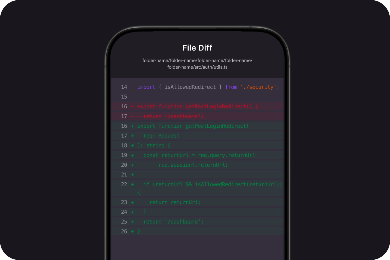 File diff view for src/auth/utils.ts. Two lines removed (red): a simple getPostLoginRedirect() function that returned '/dashboard'. Ten lines added (green): the function now accepts a Request parameter, extracts returnUrl from req.query.returnUrl or req.session?.returnUrl, validates it with isAllowedRedirect() imported from './security', and returns the validated URL — falling back to '/dashboard' if no valid returnUrl is found.
