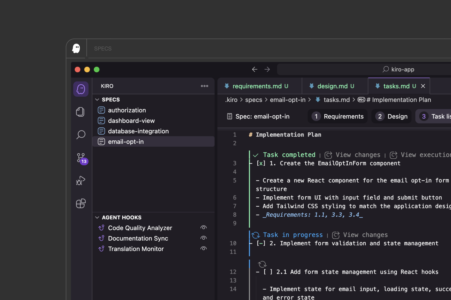 Kiro's task list with complete and pending tasks