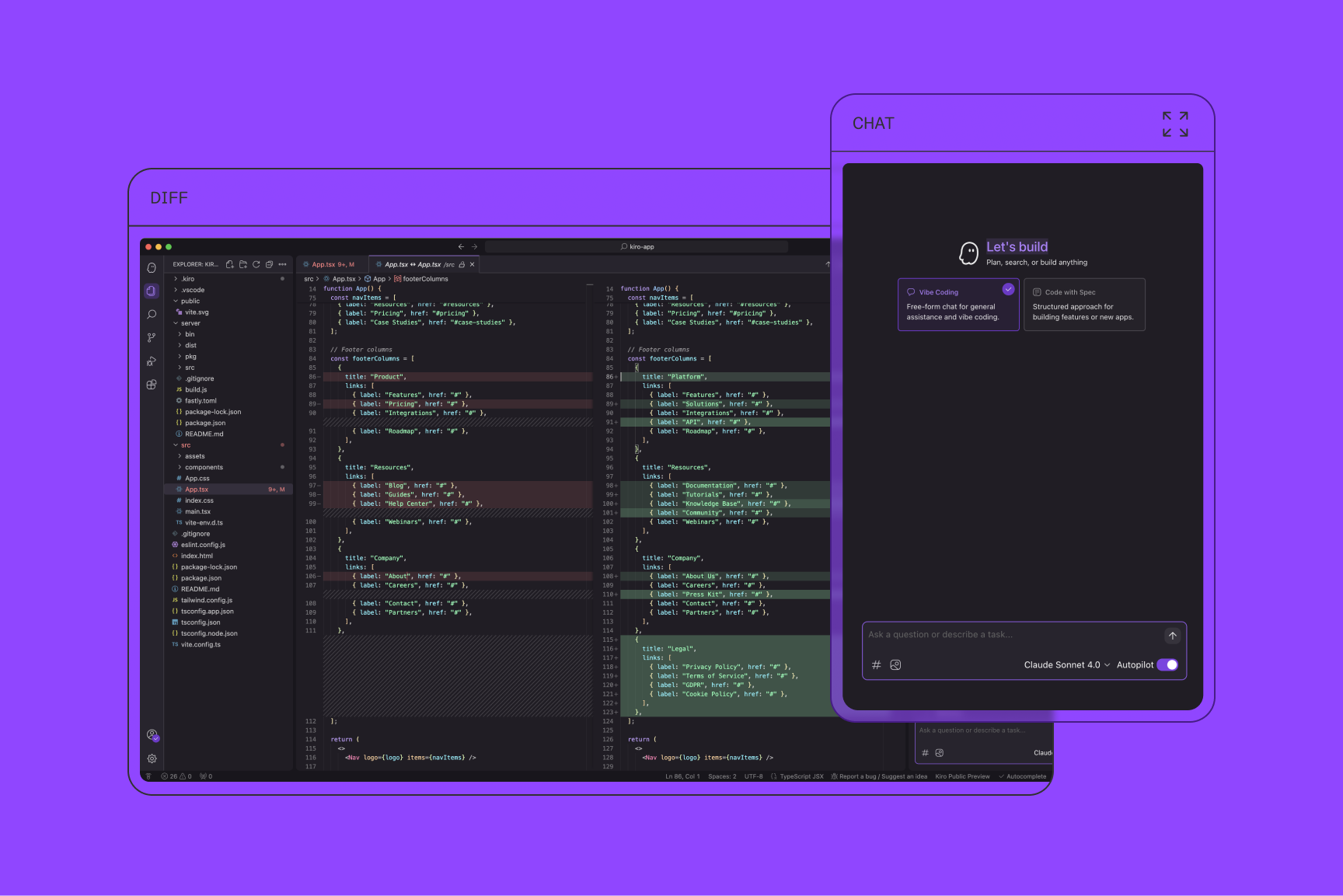 Kiro shows code diff view with chat for building features.
